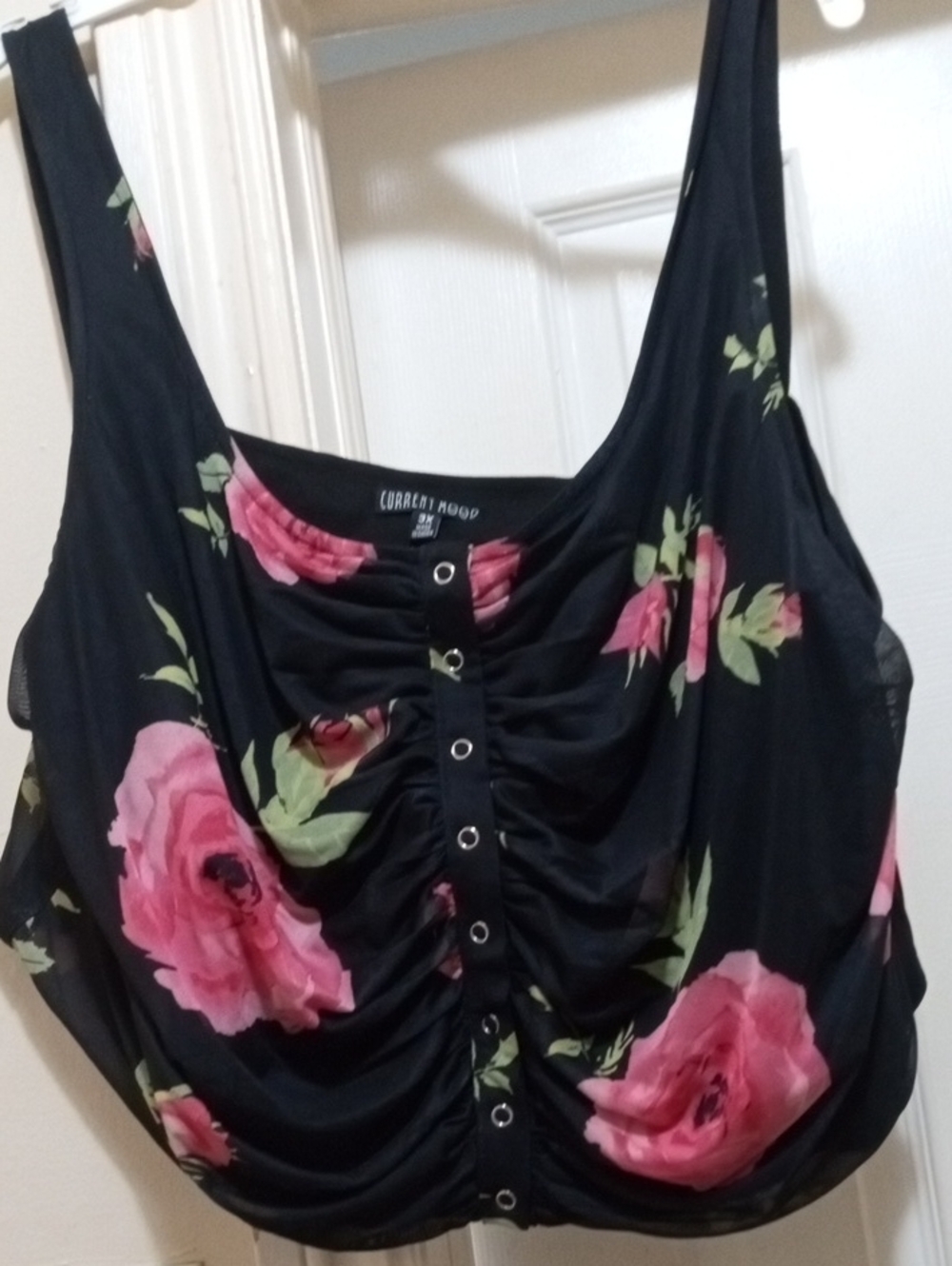 Current Mood Black Tank Top with Pink Rose Print